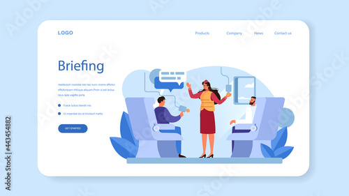 Stewardess web banner or landing page. Flight attendants help passenger