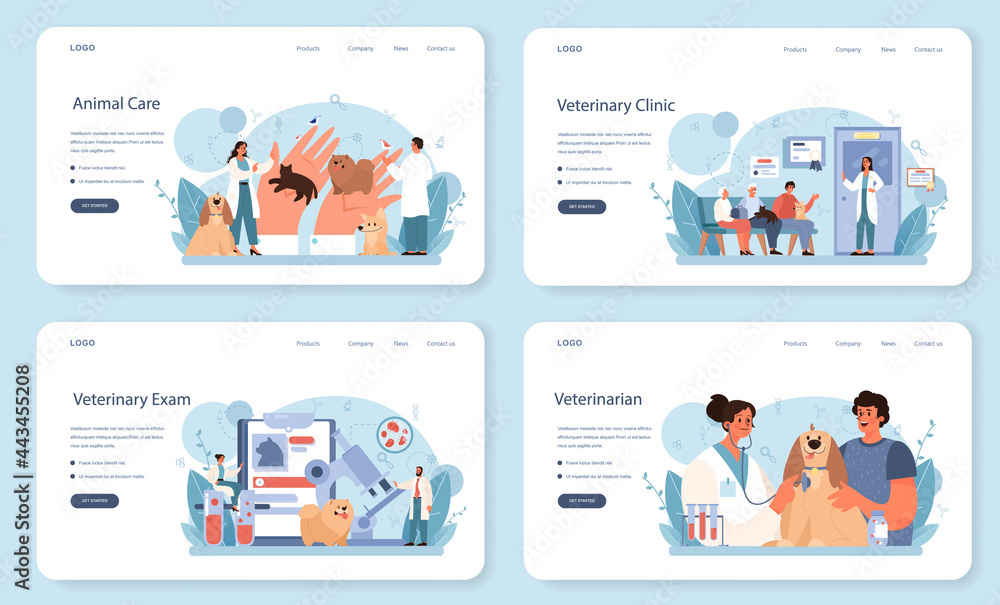 Pet veterinarian web banner or landing page set. Veterinary doctor checking