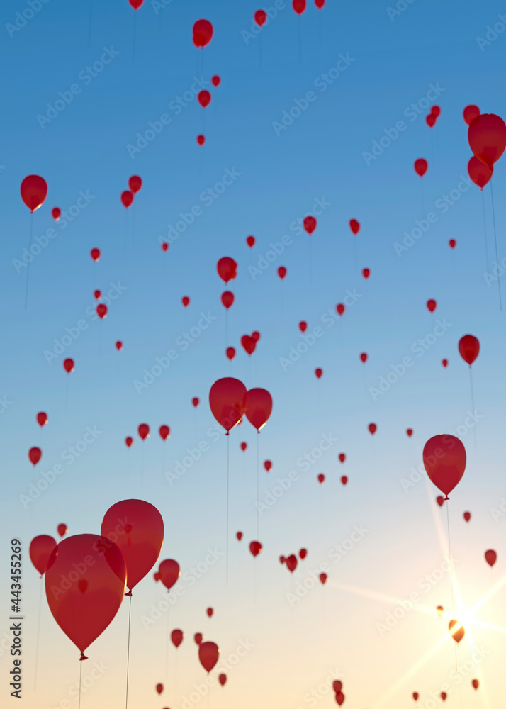 Hundreds of red balloons being released at sunset 3d render