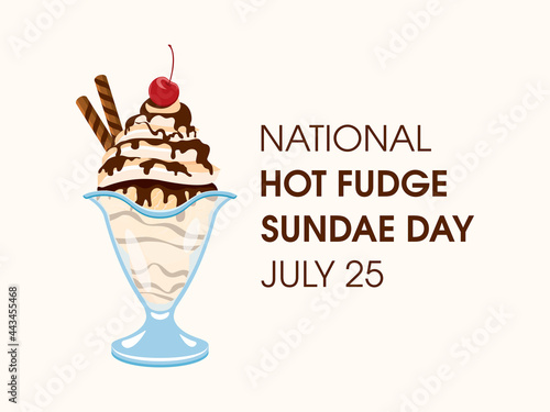 National Hot Fudge Sundae Day vector. Vanilla ice cream sundae with whipped cream, chocolate icing and cherry on top vector. Decorated ice cream cup icon vector. Hot Fudge Sundae Day Poster, July 25