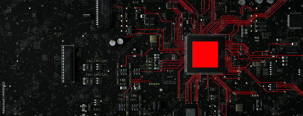 Modern circuit board with red conceptual information running from the processor with a virus 3d render Modern circuit board with red conceptual information running from the processor with a virus 3d render
