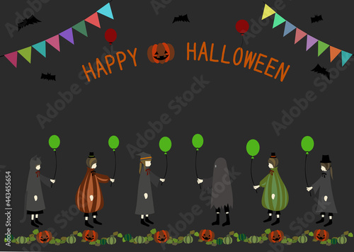 かわいいハロウィン仮装の子供たちとロゴ、ジャックオーランタンのフレーム（コピースペースあり）