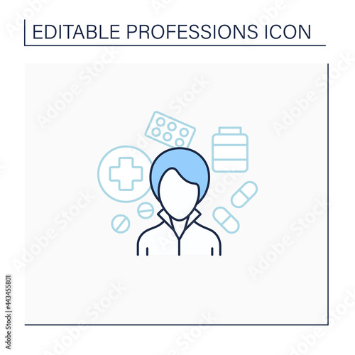 Pharmacist line icon. Woman work in pharmacies.Store, preserve, provide medicine. Important job.Professions concept. Isolated vector illustration.Editable stroke