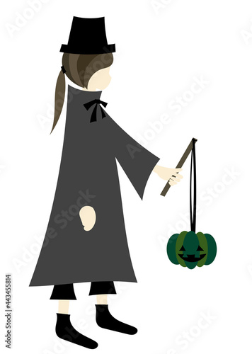 手描きイラスト素材：ハロウィンの仮装をした子供（ジャックオーランタンを持った吸血鬼）