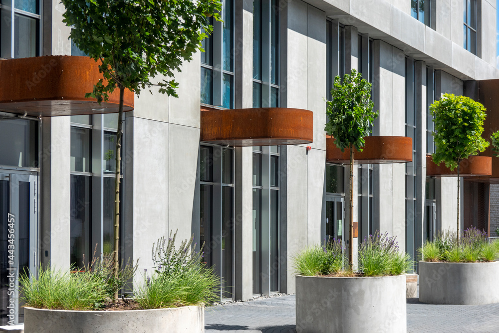 New building facade with entrances to offices, stores, cafe and modern city landscaping details