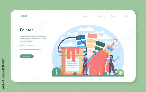 Painter web banner or landing page. People in the uniform paint the wall