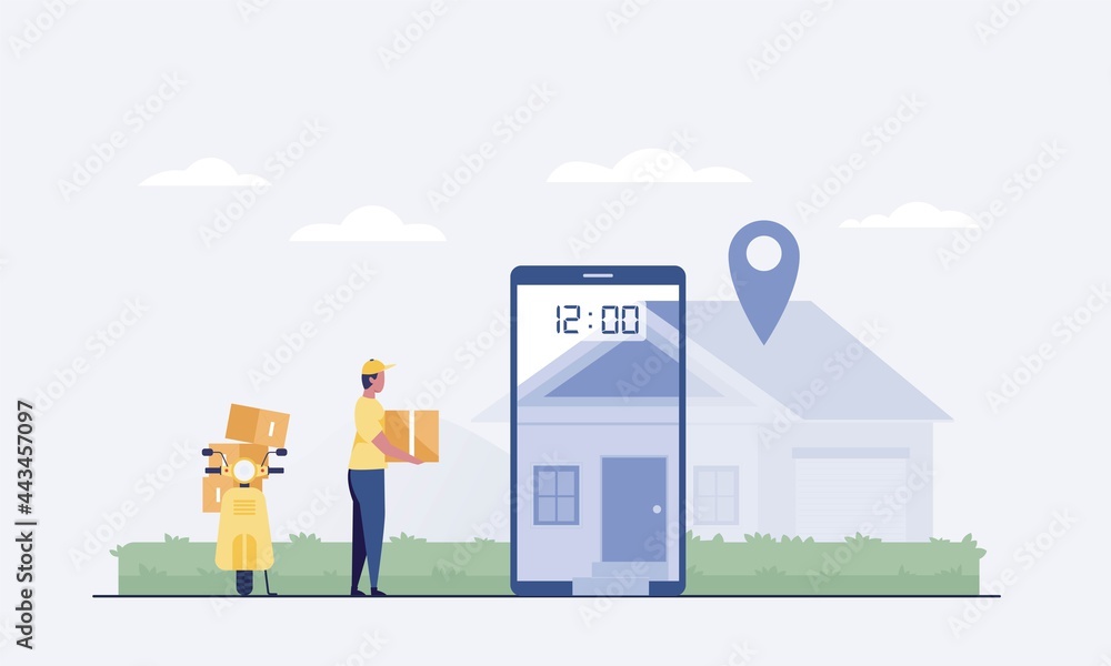 Courier on Scooter Delivering Parcel Box. Smartphone with Mobile App for Delivery Tracking. Smart Logistic Concept. vector illustration Courier on Scooter Delivering Parcel Box. Smartphone with Mobile App for Delivery Tracking. Smart Logistic Concept. vector illustration