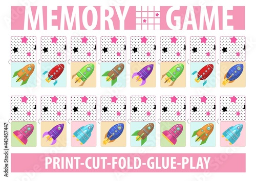 Set of cards for memory game with cartoon rockets. Print, cut, fold, glue, play. A4 proportion page. Album horizontal orientation. Vector.