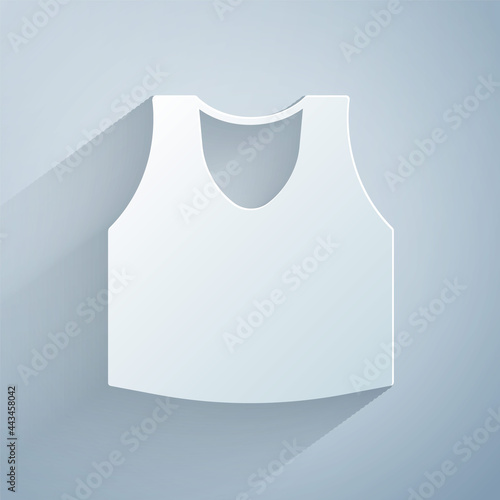 Paper cut Undershirt icon isolated on grey background. Paper art style. Vector