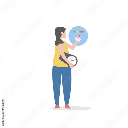 Weight loss calorie calculator,woman worry about eating sweets,Calculate food intake and calories,Having to carry a weight scale all the time,vector illustration.