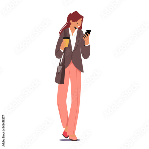 Young Businesswoman in Formal Wear and Shoulder Bag Drinking Coffee in Disposable Cup and Read Message on Phone