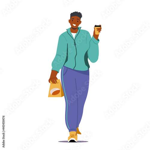 Man Character with Coffee Beans in Pack and Takeaway Cup in Hand Isolated on White Background. Morning Refreshment