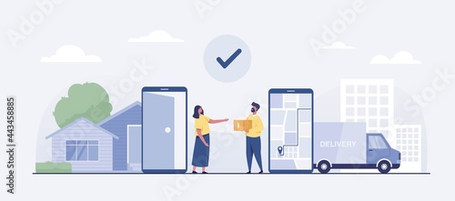 Deliver trucks to your doorstep with an online service via a phone app.  vector illustration