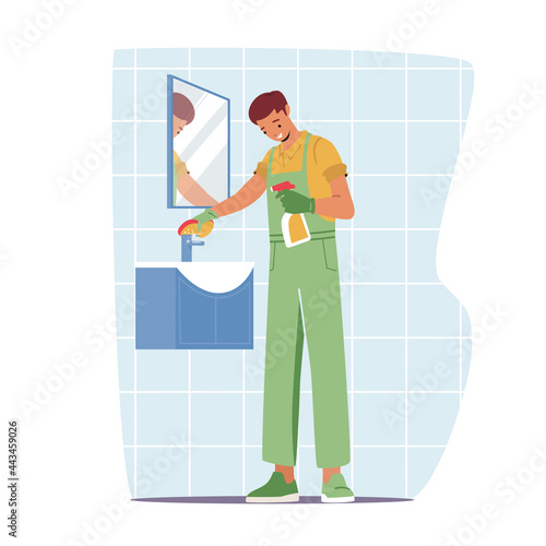Cleaning Service, Male Character in Uniform Overalls Washing and Wiping Mirror and Sink in Bathroom. Cleaning Company