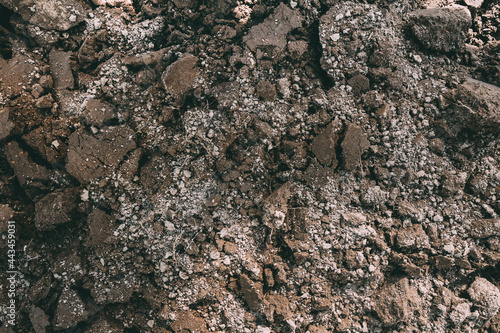 Black Dark Soil Dirt Background Texture  Natural Pattern. Flat Top View. Clods of Earth