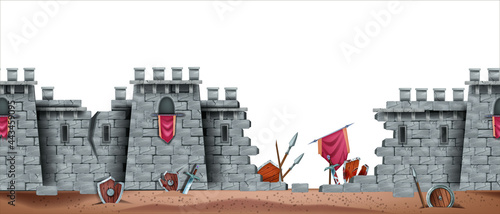Stone castle vector wall seamless background, battlefield game illustration, medieval brick fortress ruin. Old citadel, wooden shield, broken spear, flag, ground. War concept, castle wall broken tower