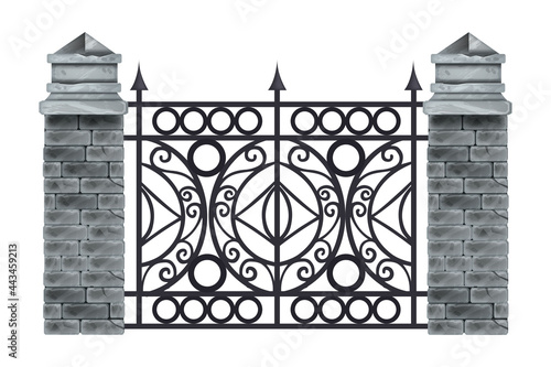 Iron wrought fence vector illustration, old ornate black steel frame, stone brick pillars, isolated on white. Antique ancient classic garden rail, architecture element front view. Iron manor fence