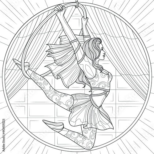 Aerial gymnast.Coloring book antistress for children and adults. Illustration isolated on white background.Zen-tangle style. Black and white drawing.Hand draw