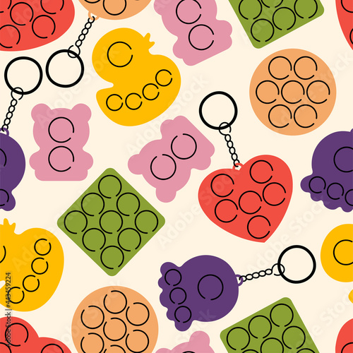 Vector illustration set of trendy sensory pop it fidgets. Rainbow antistress toys with trinket. Seamless pattern.