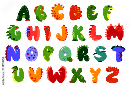 Dinosaur alphabet. Cute dino abc for kids, nursery, poster, card, birthday party, packaging paper design, baby t-shirts. Animal doodle font. Vector.