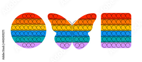 Vector illustration set of trendy sensory pop it fidgets. Rainbow antistress toys.