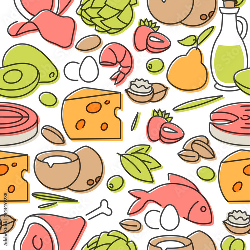 Vector illustartion keto diet products. Healty eating concept. Seamless pattern.