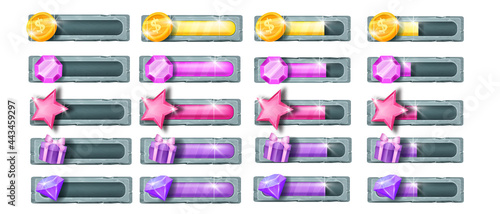 Game progress vector bar set, user interface bonus, energy life level illustration isolated on white. Cartoon power battery sliders, golden coin, present box, gemstone, crystal, star. Game bar icons