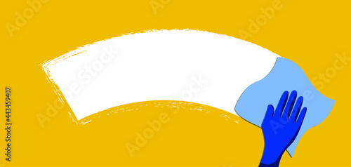 Bright yellow background with a white stripe in the middle. The hand wipes the yellow paint off the screen, leaving a clean mark. Concept: cleanliness, uboka, space for text. Vector flat color cartoon