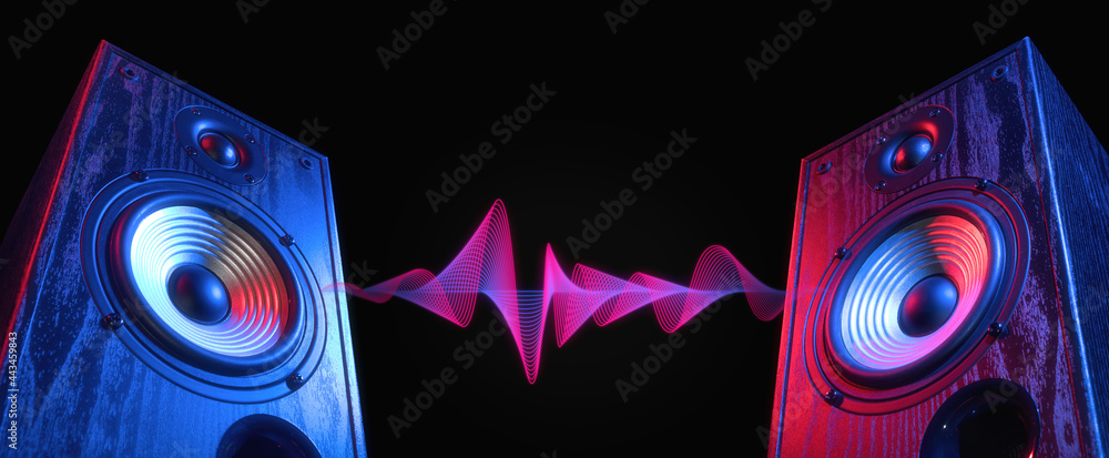 Two sound speakers in neon light with sound wave between them on black. - obrazy, fototapety, plakaty 