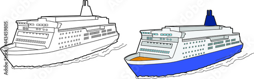 Ferry cruise ship vector drawing line art with color