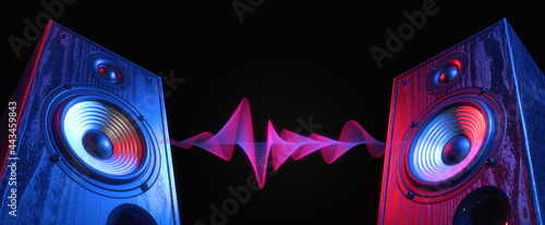 Two sound speakers in neon light with sound wave between them on black.