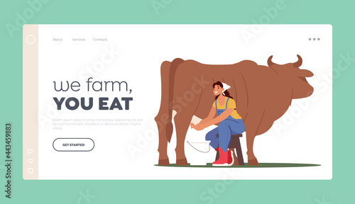 Farming Rancher Girl Working on Animal Farm Landing Page Template. Milkmaid Sitting on Chair and Milking Cow in Bucket.