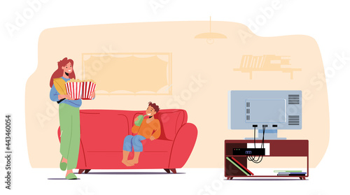 Mother and Little Son with Soda and Pop Corn Sitting on Sofa Prepare for Watching Movie. Home Cinema Concept with Family