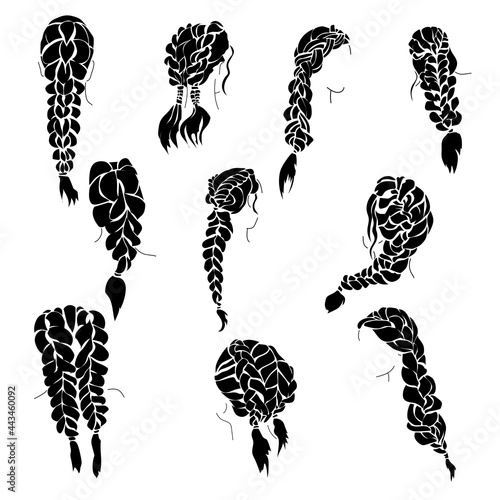 Set of braids silhouettes, beautiful female hairstyle with braiding