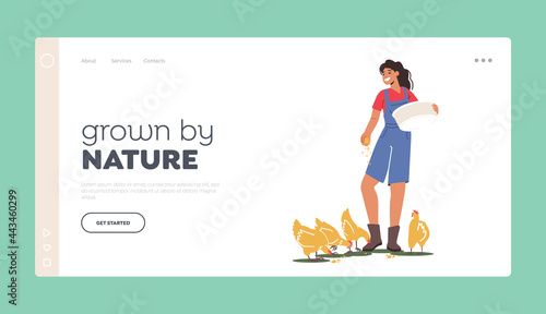 Poultry Farm, Agriculture, Farming Landing Page Template. Young Woman in Robe Feeding Fowl on Nature. Female Farmer