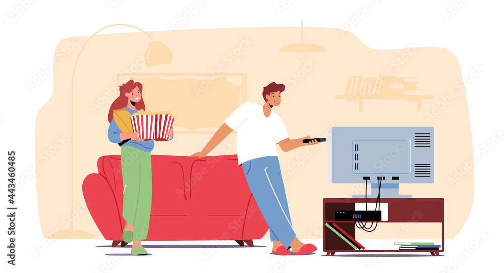 Young Couple Watching TV with Popcorn at Home. Male and Female Characters Sitting on Couch Together in Lazy Weekend