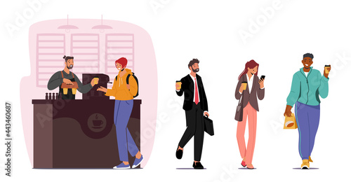 Characters Buying and Drinking Coffee To Go or Takeaway Drinks in Disposable Cardboard Cups. Characters Refreshment