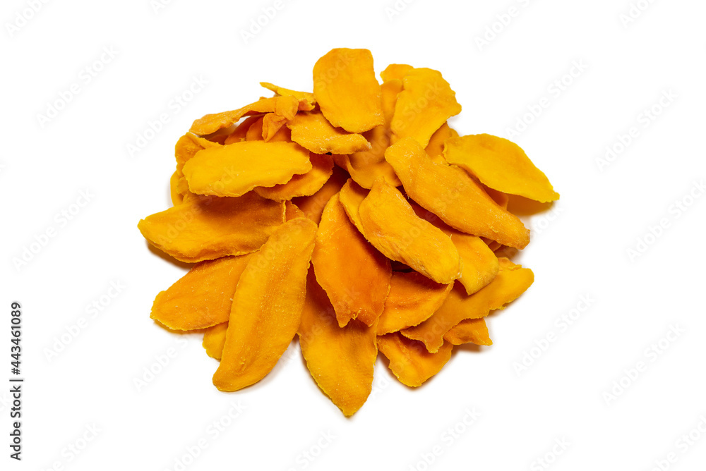 Dry tasty mango slices isolated on a white background. Dry tasty mango slices isolated on a white background.