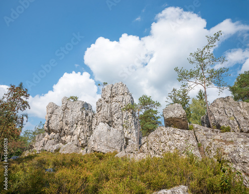 rocky quartz formation, tourist destination Grosser Pfahl, near Viechtach lower bavaria. blue sky and cloud