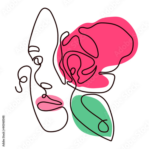 Abstract portrait of a girl drawn in one line with abstract colored spots and a flower. An illustration for printing on a T-shirt, an advertising poster. Vector illustration.