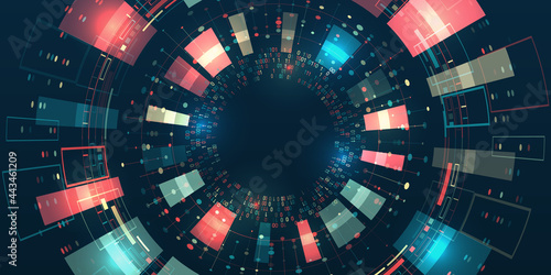 Filtering machine algorithms. Sorting data. Vector technology background. Wide Big data visualization. Information analytics concept. Abstract stream information with circles array and binary code.