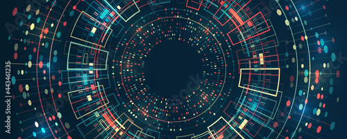 Abstract stream information with circles array and binary code. Filtering machine algorithms. Sorting data. Vector technology background. Wide Big data visualization. Information analytics concept.