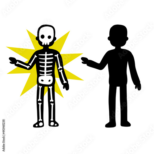 Silhouette of person. Human skeleton. Anatomy and Halloween. Character gestures. Electric shock and X-ray.