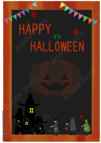ハロウィンの仮装衣装の子供たちとガーランド・ロゴで飾られた、水彩画風手描きフレーム（ボカシあり）