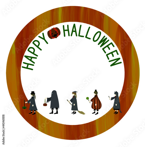 ハロウィンの仮装衣装の子供たちとロゴで飾られた、水彩画風手描き円形フレーム（コピースペースあり）