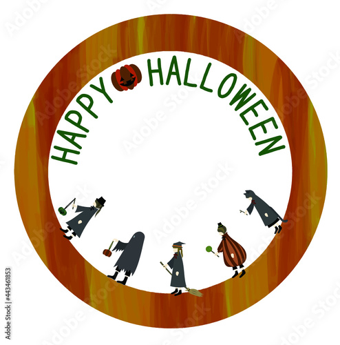 ハロウィンの仮装衣装の子供たちとロゴで飾られた、水彩画風手描き円形フレーム（コピースペースあり）