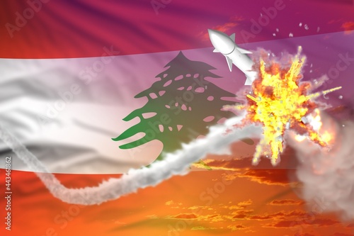 Lebanon intercepted ballistic missile, modern antirocket destroys enemy missile concept, military industrial 3D illustration with flag photo