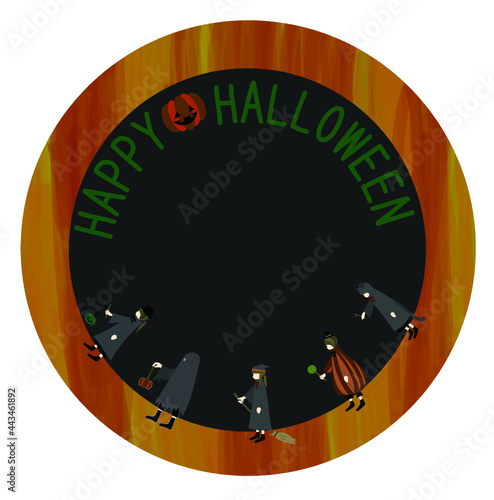 ハロウィンの仮装衣装の子供たちとロゴで飾られた、水彩画風手描き円形フレーム（夜バージョン）