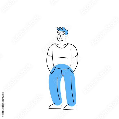 Man is standing. Waiting pose. Hands in pockets. Nice geometric abstract character. Outline modern trendy cartoon illustration isolated on white