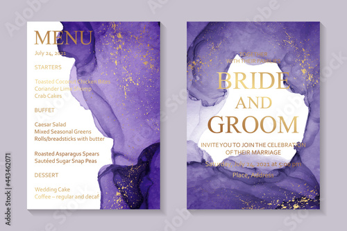 Modern watercolor background or elegant card design for birthday invite or wedding or menu with abstract purple ink waves and golden splashes on a white.